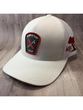 Surf & Turf Sugar Tree Golf Course Trucker Hat White Red Mesh Back Snapback Cap